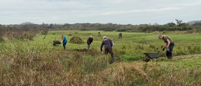 Vrijwilligers bezig met maaien en bij elkaar harken maaisel